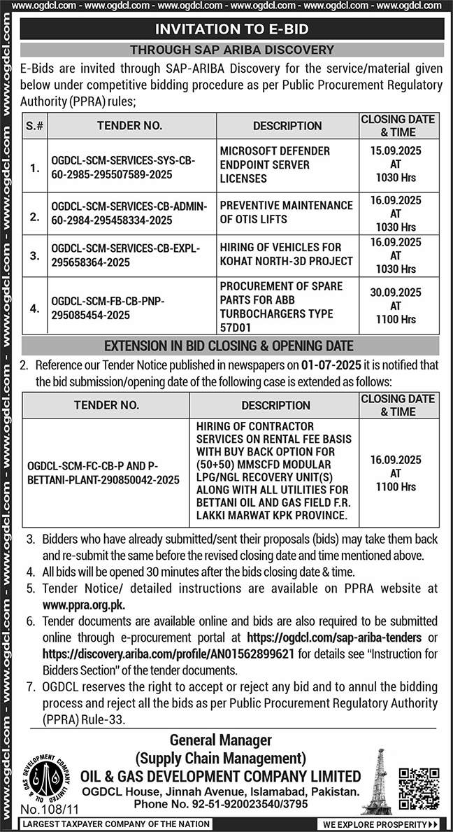 Oil & Gas Development Company Limited Islamabad Tender Notice-1